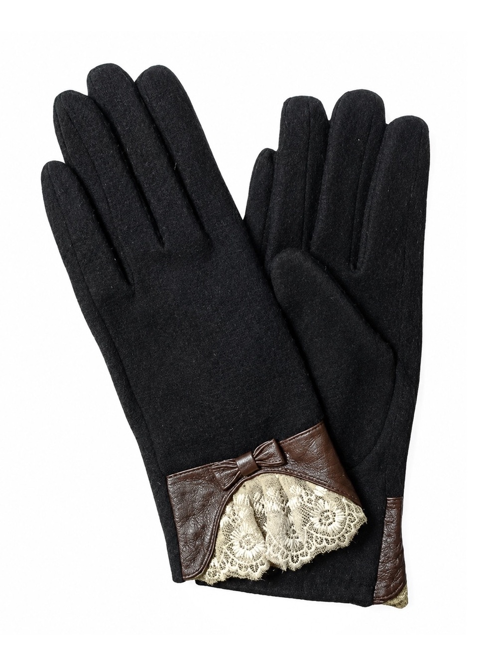 Vintage Look Black Cashmere Wool Blend Gloves Lace Trim Leather Bow Winter L/XL